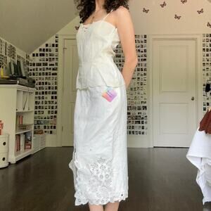 70s white linen lace top and skirt set